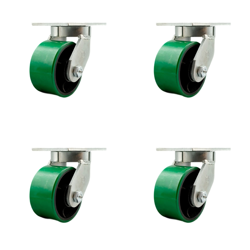 Extra Heavy Duty 6 x 3 in. Green Poly on Cast Iron Swivel Caster Set for Cranes, Gantries, Hoists & Winches - Set of 4 - 2000 lbs per Caster