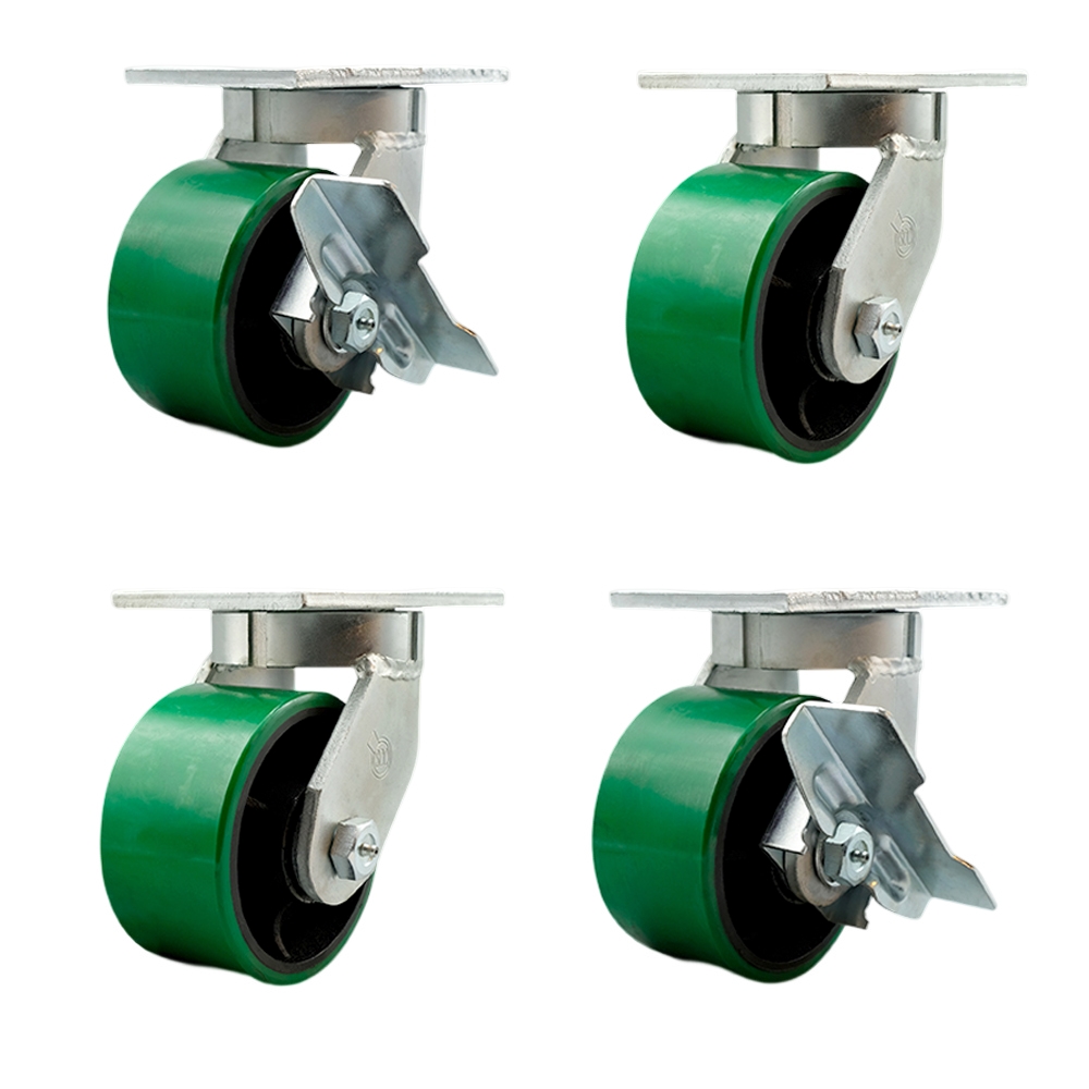 Extra Heavy Duty 6 x 3 in. Green Poly on Cast Iron Swivel Caster Set for Cranes, Gantries, Hoists & Winches - Set of 4 - 2000 lbs per Caster