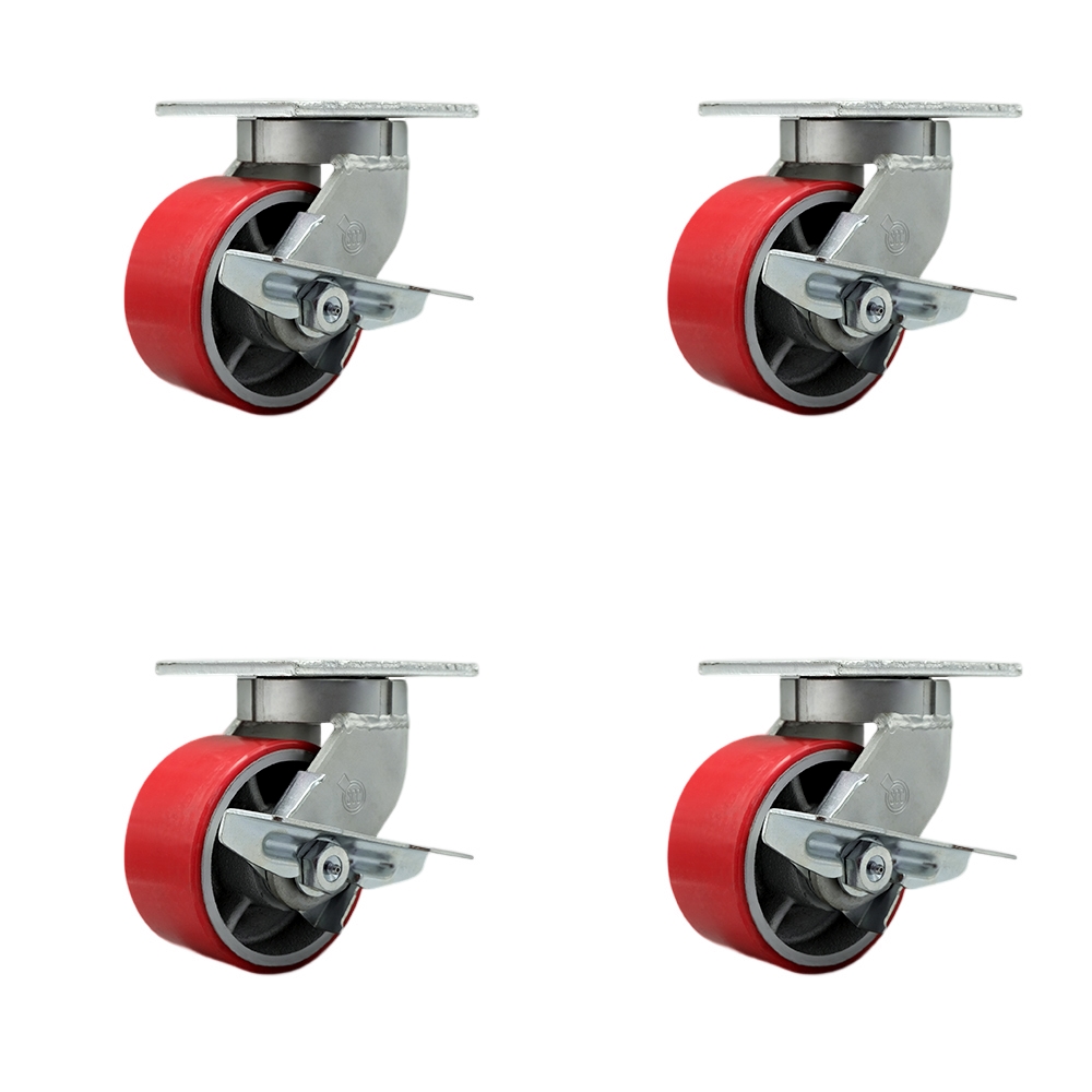 Extra Heavy Duty 6 x 3 in. Red Poly on Cast Iron Swivel Caster Set for Cranes, Gantries, Hoists & Winches - Set of 4 - 2000 lbs per Caster