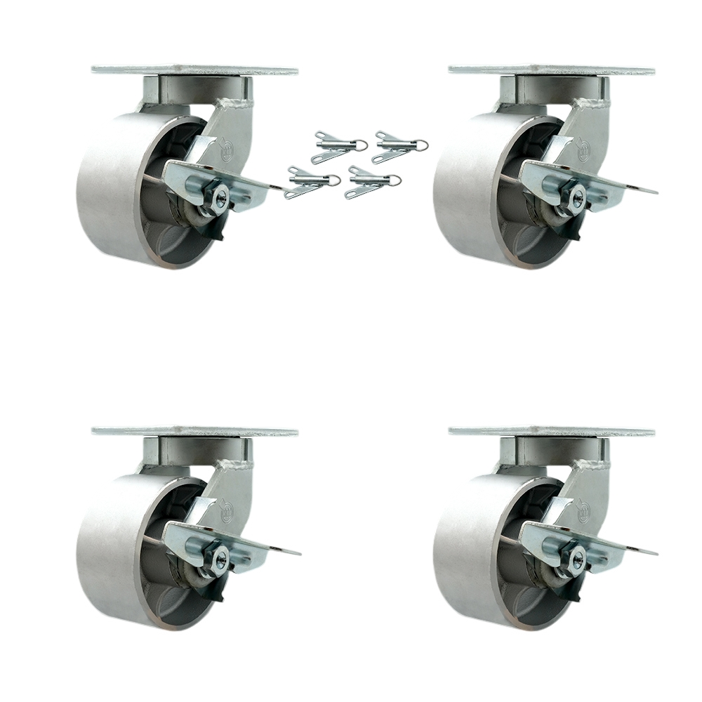 Extra Heavy Duty 6 x 3 in. Semi Steel Cast Iron Swivel Caster Set for Cranes, Gantries, Hoists & Winches - Set of 4 - 2500 lbs per Caster