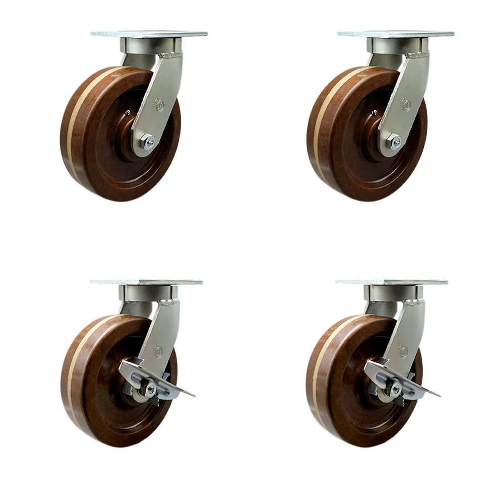 Extra Heavy Duty Kingpinless 8 x 3 in. High Temperature Phenolic Swivel Caster Set for Cranes, Gantries, Hoists & Winches - Set of 4