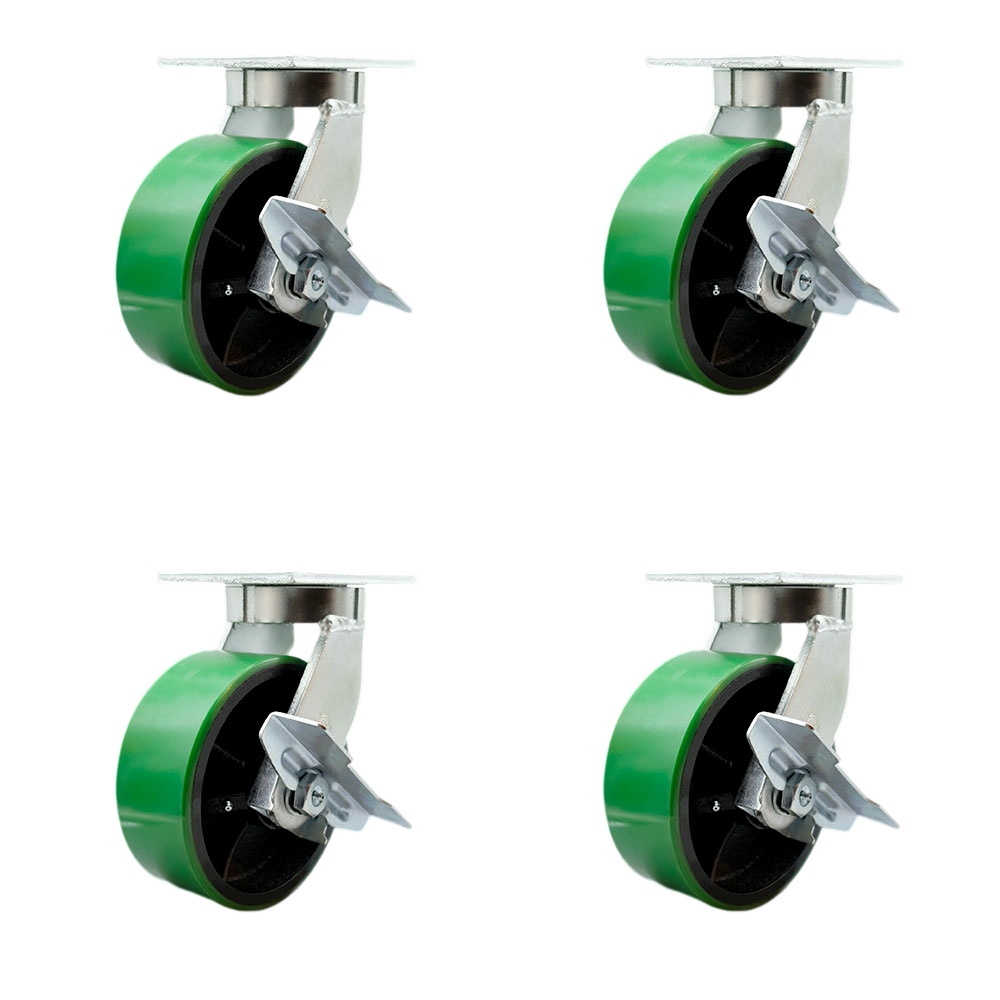 Extra Heavy Duty 8 x 3 in. Green Poly on Cast Iron Swivel Caster Set for Cranes, Gantries, Hoists & Winches - Set of 4 - 2500 lbs per Caster