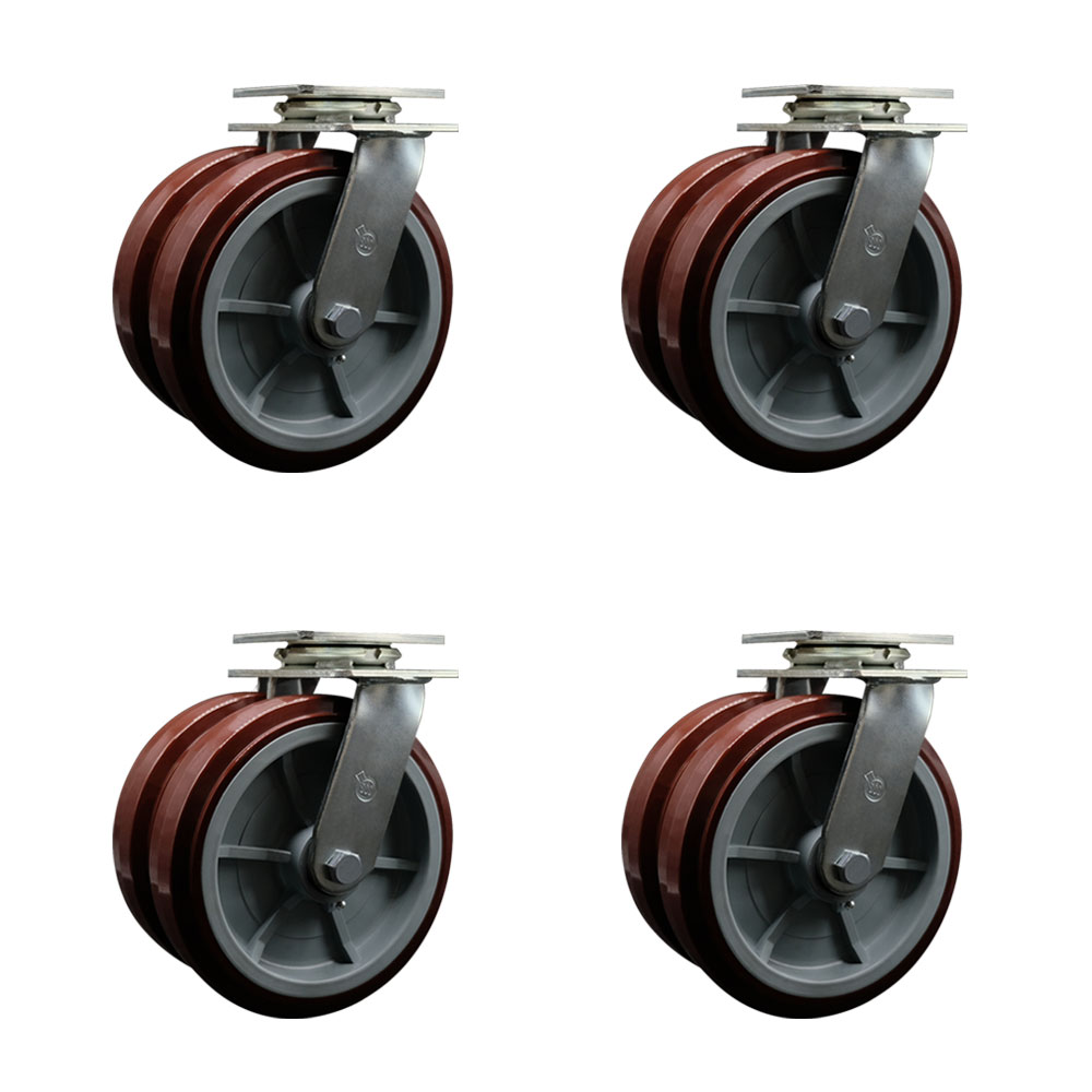 SCC-DW30CS820-PPUR-4 Heavy Duty Swivel Caster with Dual 8 in. Polyurethane Wheels - 5000 lbs Total Capacity - Set of 4