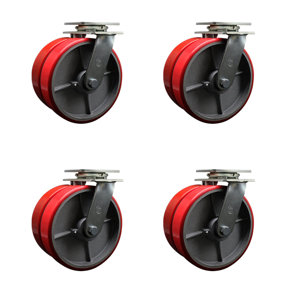 Heavy Duty Swivel Caster with Dual 8 in. Red Polyurethane on Cast Iron Wheels & Ball Bearings - 5000 lbs Total Capacity - Set of 4