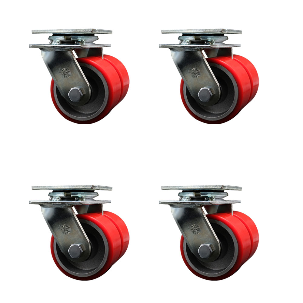 SCC-DW30CS420-PUR-RS-4 Heavy Duty Swivel Caster with Dual 4 in. Red Polyurethane on Cast Iron Wheels - 5000 lbs Total Capacity - Set of 4