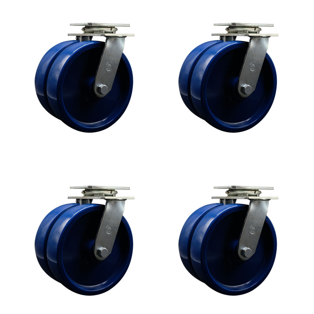 SCC-DW30CS820-SPUB-4 Heavy Duty Swivel Caster with Dual 8 in. Solid Polyurethane Wheels & Ball Bearings - 5000 lbs Total Capacity - Set of 4