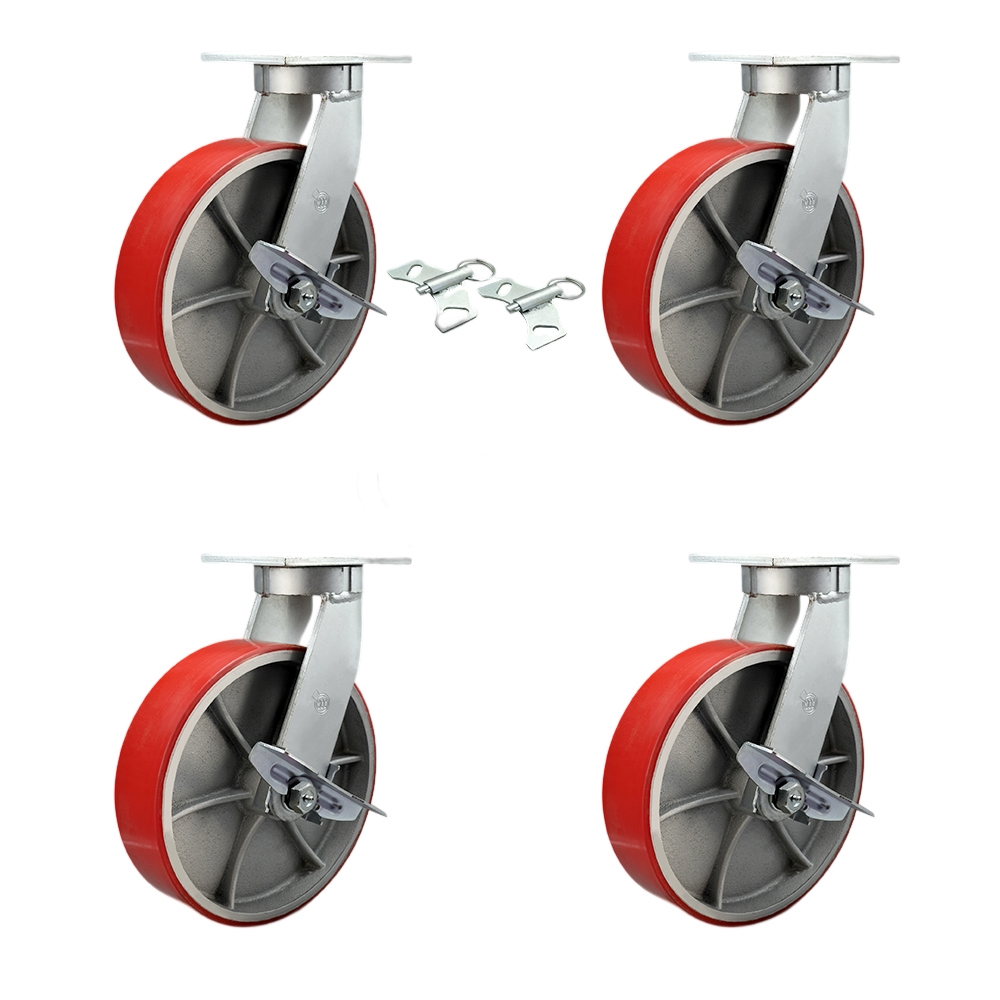 Extra Heavy Duty 12 x 3 in. Red Poly on Cast Iron Swivel Caster Set for Cranes, Gantries, Hoists & Winches - Set of 4 - 3500 lbs per Caster