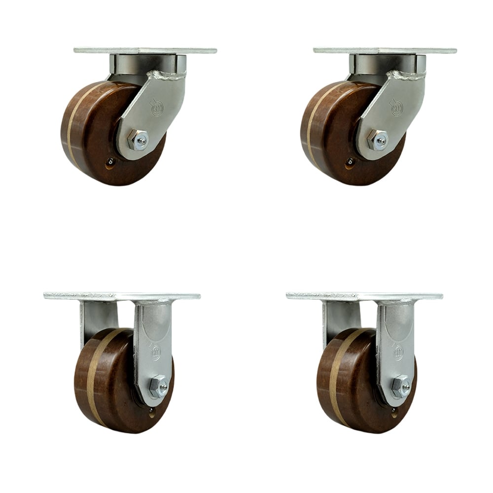 Extra Heavy Duty Kingpinless 6 x 3 in. High Temperature Phenolic Swivel Caster Set for Cranes, Gantries, Hoists & Winches - Set of 4