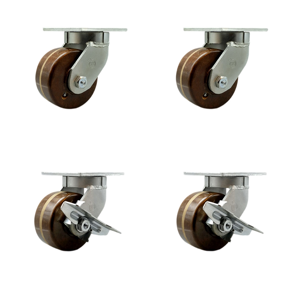 Extra Heavy Duty Kingpinless 6 x 3 in. High Temperature Phenolic Swivel Caster Set for Cranes, Gantries, Hoists & Winches - Set of 4