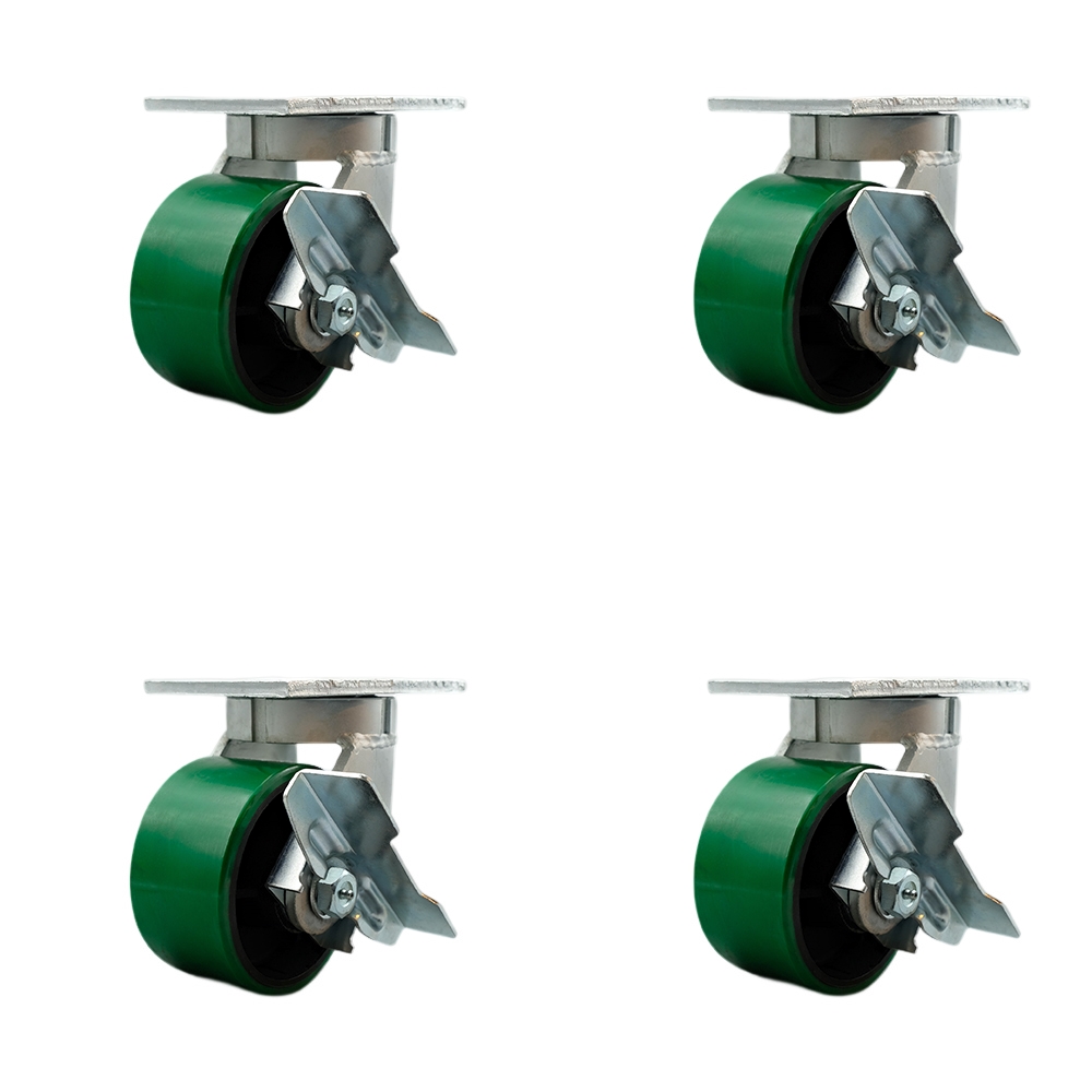 Extra Heavy Duty 6 x 3 in. Green Poly on Cast Iron Swivel Caster Set for Cranes, Gantries, Hoists & Winches - Set of 4 - 2000 lbs per Caster
