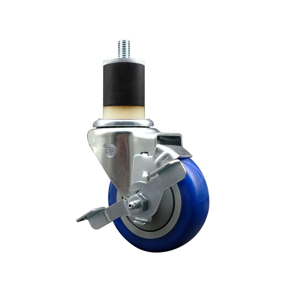 Stainless Steel Polyurethane Expanding Stem Swivel Caster with 3.5 in. Blue Wheel & 1.87 in. Stem & Top Locking Brake