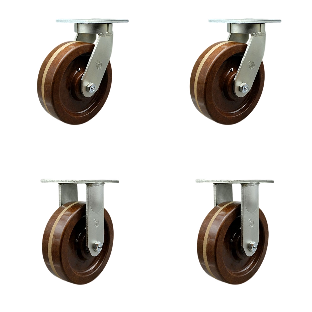 Extra Heavy Duty Kingpinless 8 x 3 in. High Temperature Phenolic Swivel Caster Set for Cranes, Gantries, Hoists & Winches - Set of 4
