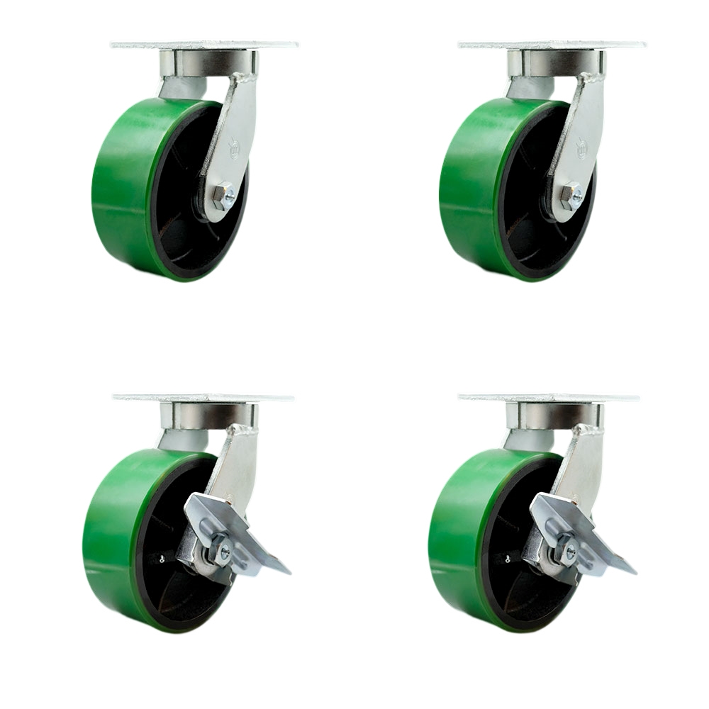 Extra Heavy Duty 8 x 3 in. Green Poly on Cast Iron Swivel Caster Set for Cranes, Gantries, Hoists & Winches - Set of 4 - 2500 lbs per Caster