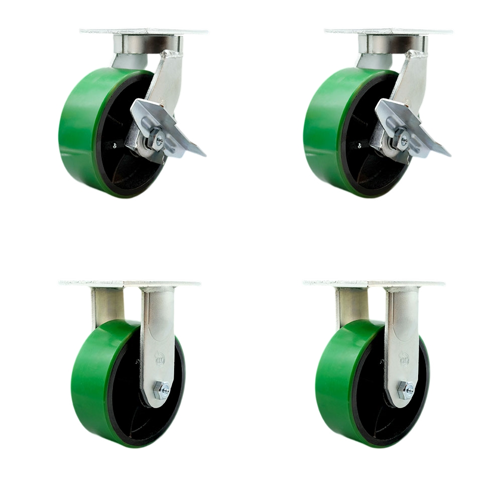 Extra Heavy Duty 8 x 3 in. Green Poly on Cast Iron Swivel Caster Set for Cranes, Gantries, Hoists & Winches - Set of 4 - 2500 lbs per Caster