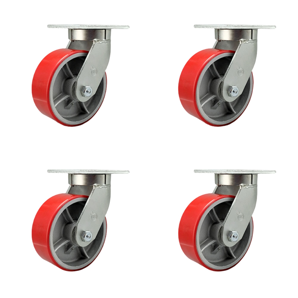 Extra Heavy Duty 8 x 3 in. Red Poly on Cast Iron Swivel Caster Set for Cranes, Gantries, Hoists & Winches - Set of 4 - 2500 lbs per Caster