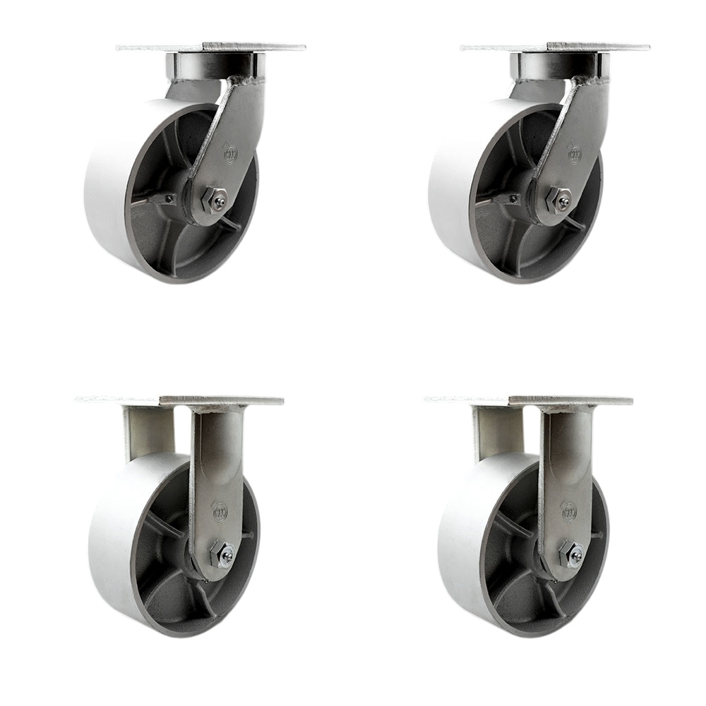 Extra Heavy Duty 8 x 3 in. Semi Steel Cast Iron Swivel Caster Set for Cranes, Gantries, Hoists & Winches - Set of 4 - 2500 lbs per Caster