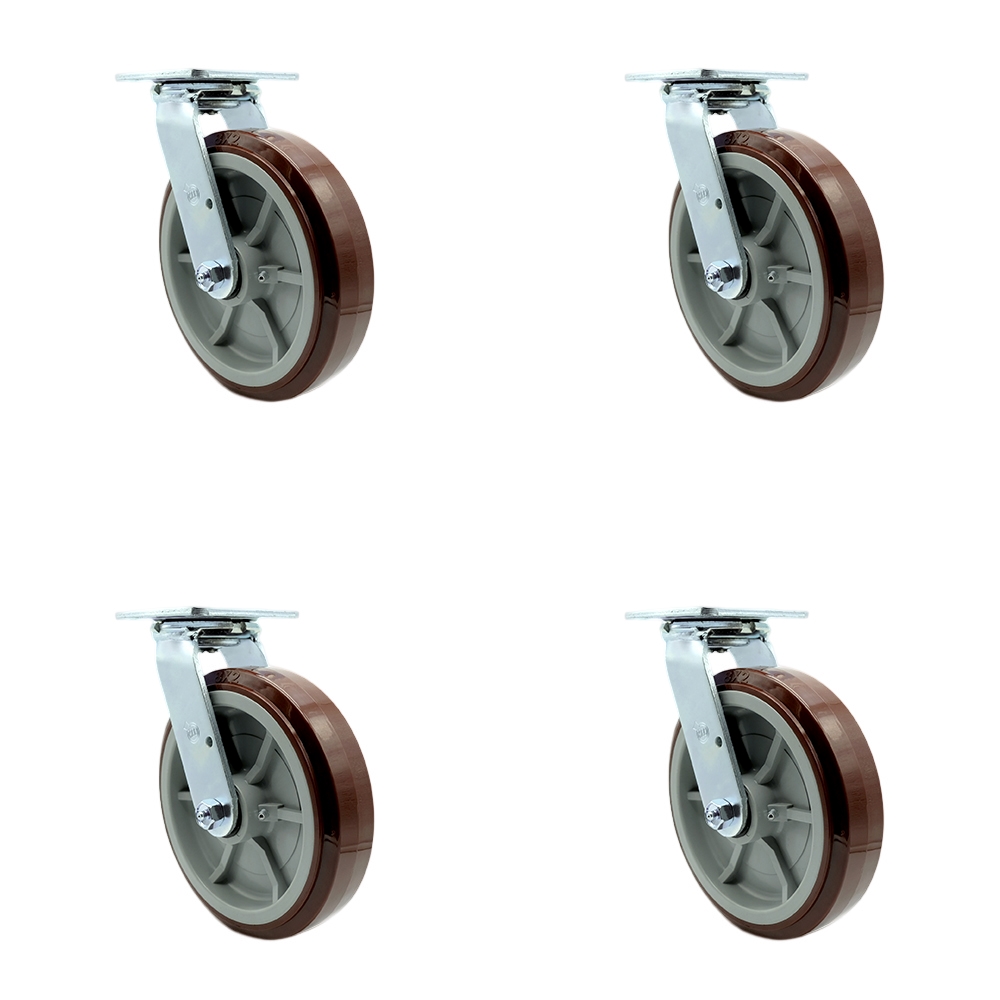 Replacement Caster Set for Magliner U-Boat Caster 130077 Heavy Duty Replacement Polyurethane Swivel Top Plate Caster Set with 8 x 2 in. Maroon Wheel