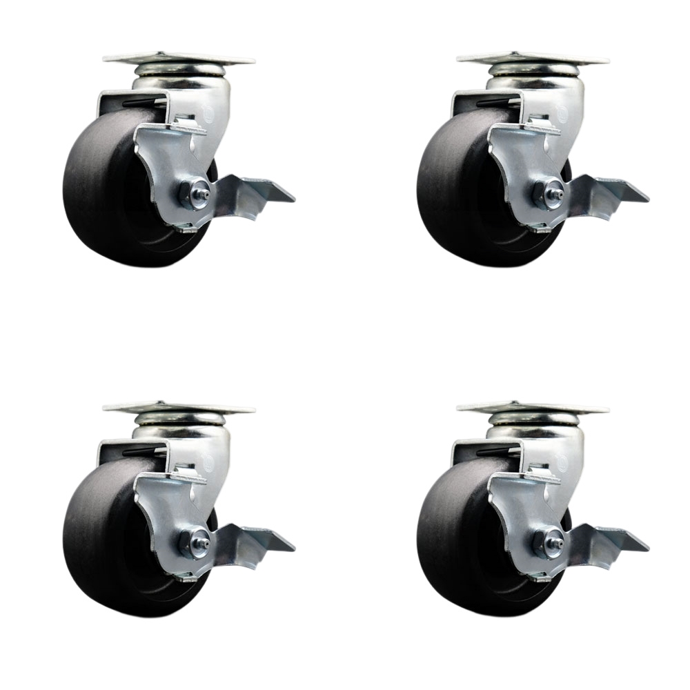 Tool Box Caster Wheel Set - 4 in. Flat Free, Easy Rolling Glass Filled Nylon Wheels - Industrial Grade - 4 Swivel Casters with Top Lock Brakes