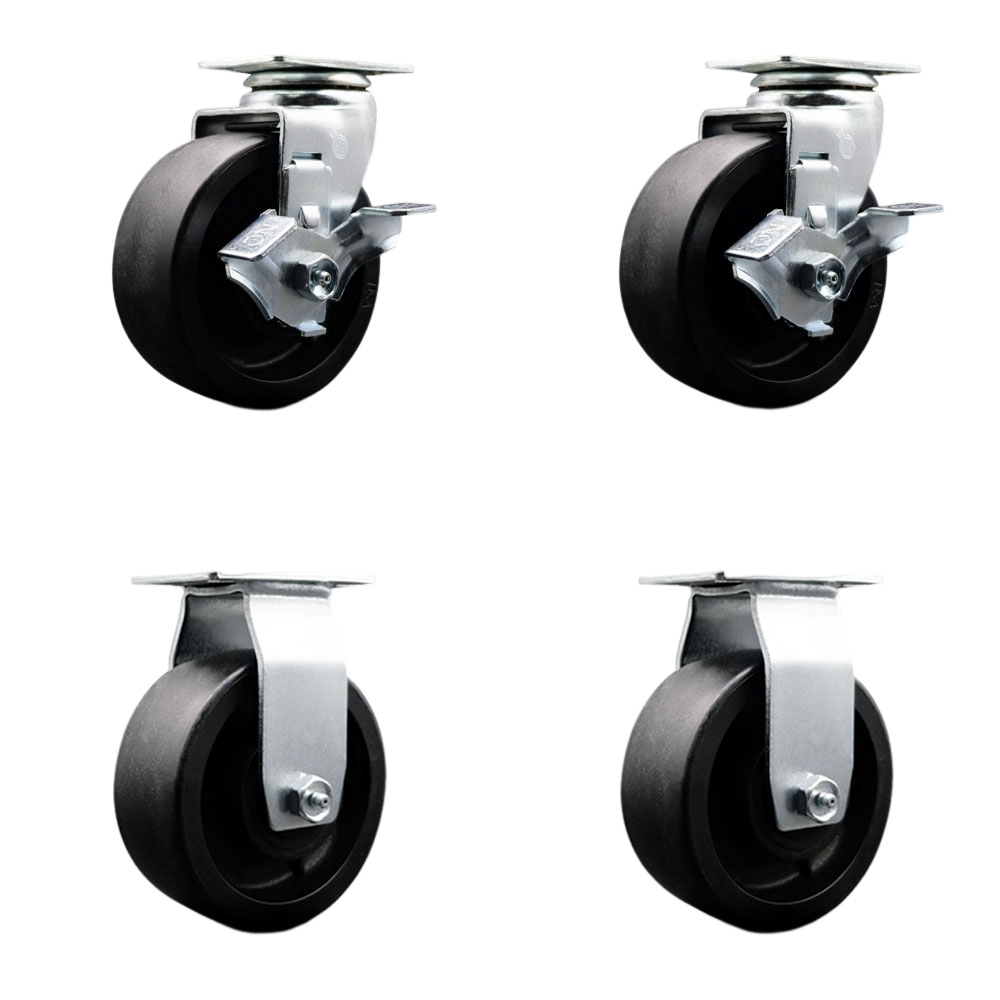 Tool Box Caster Wheel Set - 5 in. Flat Free, Easy Rolling Glass Filled Nylon Wheels - Industrial Grade - 2 Swivel with Top Lock Brakes