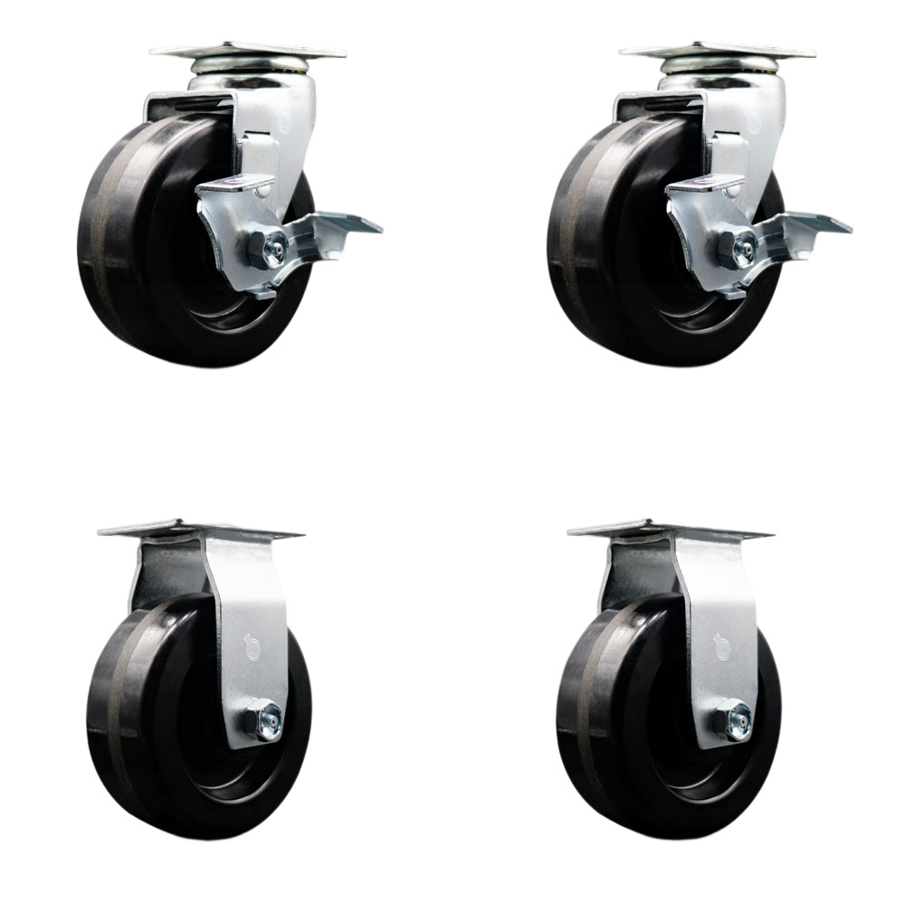 Tool Box Caster Wheel Set - 5 in. Flat Free, Zero Maintenance Phenolic Wheels - Industrial Grade - 2 Swivel with Top Lock Brakes