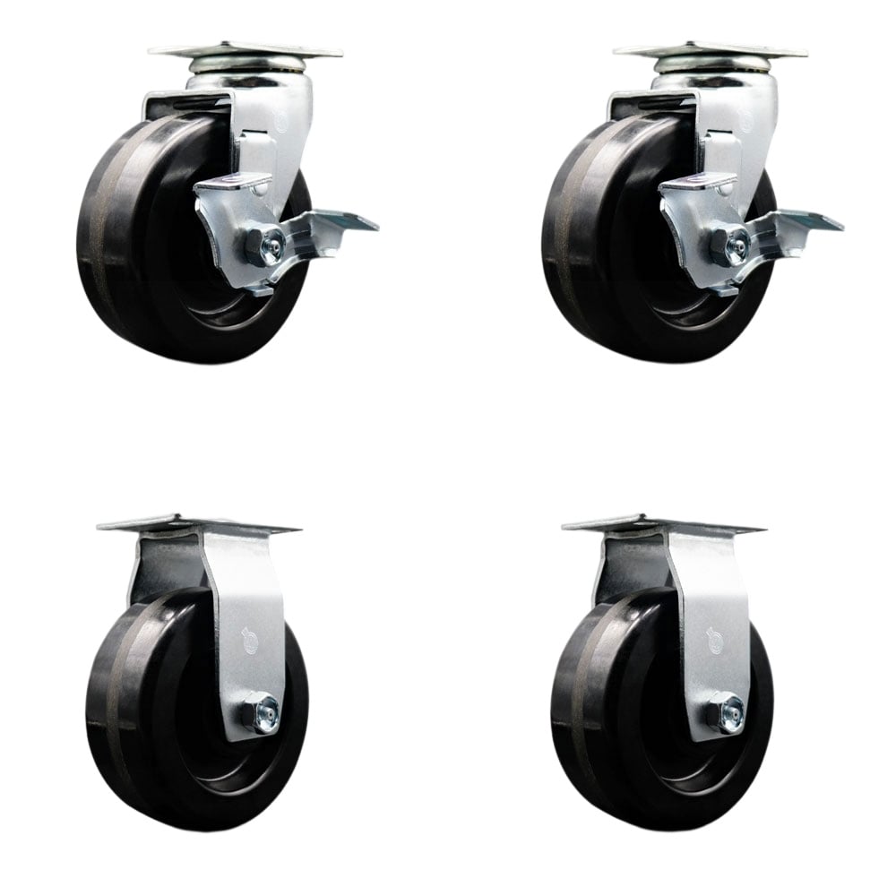 Tool Box Caster Wheel Set - 5 in. Flat Free, Easy Rolling Phenolic Wheels - Industrial Grade - 2 Swivel with Top Lock Brakes