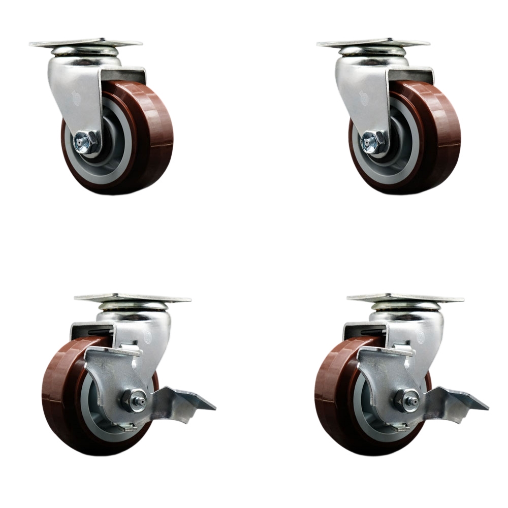 Tool Box Caster Wheel Set - 4 in. Non-Marking, Easy Rolling Maroon Polyurethane Wheels - Industrial Grade - 2 Swivel with Top Lock Brakes