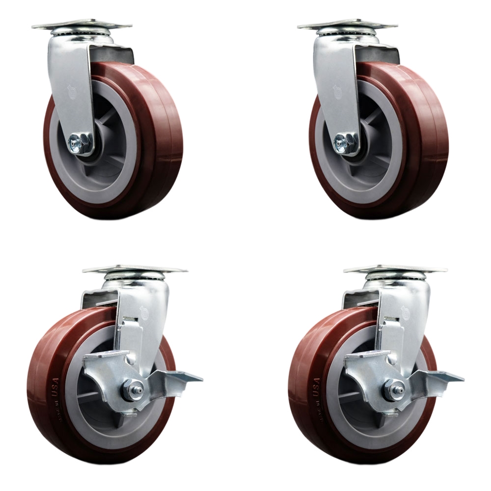 Tool Box Caster Wheel Set - 6 in. Non-Marking, Easy Rolling Maroon Polyurethane Wheels - Industrial Grade - 2 Swivel with Top Lock Brakes