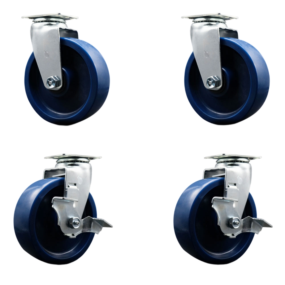 Tool Box Caster Wheel Set - 6 in. Non-Marking, Maintenance Free Solid Polyurethane Wheels - Industrial Grade - 2 Swivel with Top Lock Brakes