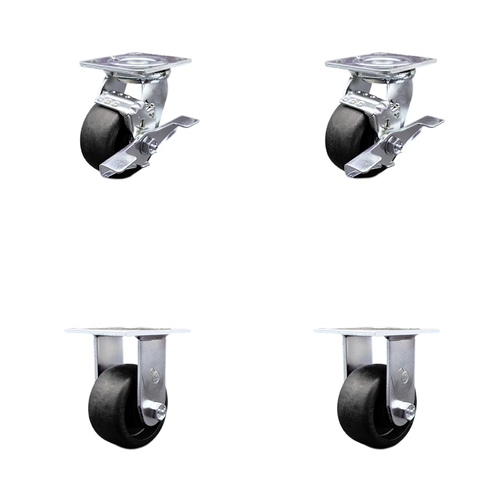 Tool Box Caster Wheel Set - 4 in. Flat Free, Zero Maintenance Glass Filled Nylon Wheels - Industrial Grade - 2 Swivel with Top Lock Brakes