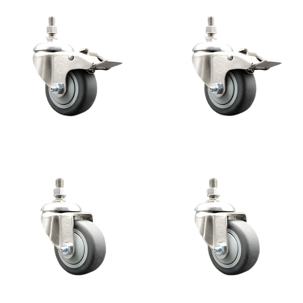 Thermoplastic Rubber Swivel Stem Caster with 3.5 in. Caster Wheels - 10 mm Threaded Stem - 316 Stainless Steel Caster - Set of 4