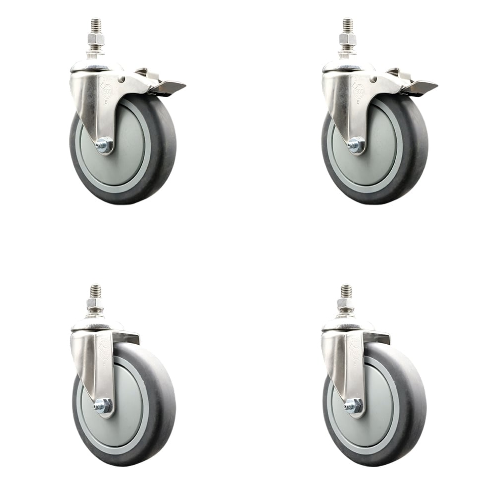 Thermoplastic Rubber Swivel Stem Caster with 5 in. Caster Wheels - 12 mm Threaded Stem - 316 Stainless Steel Caster - Set of 4