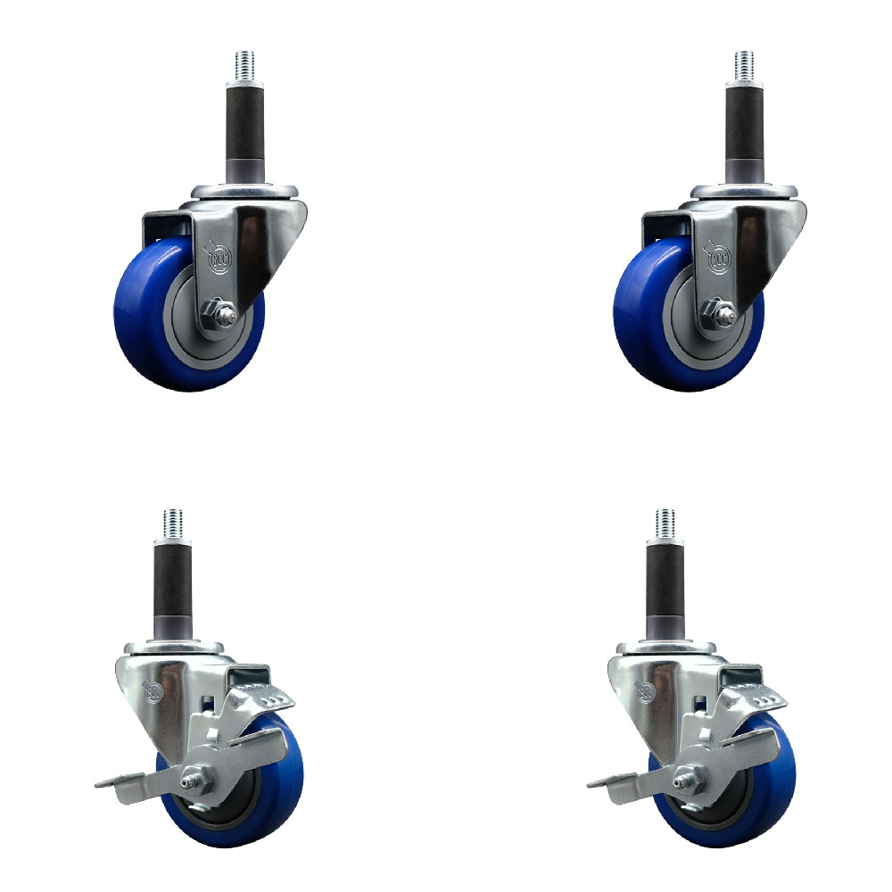 SCC-SSEX20S314-PPUB-BLUE-2-TLB-2-1 Stainless Steel Polyurethane Swivel Expanding Stem Caster with 3 in. Blue Wheels & 1 in. Stems - Set of 4