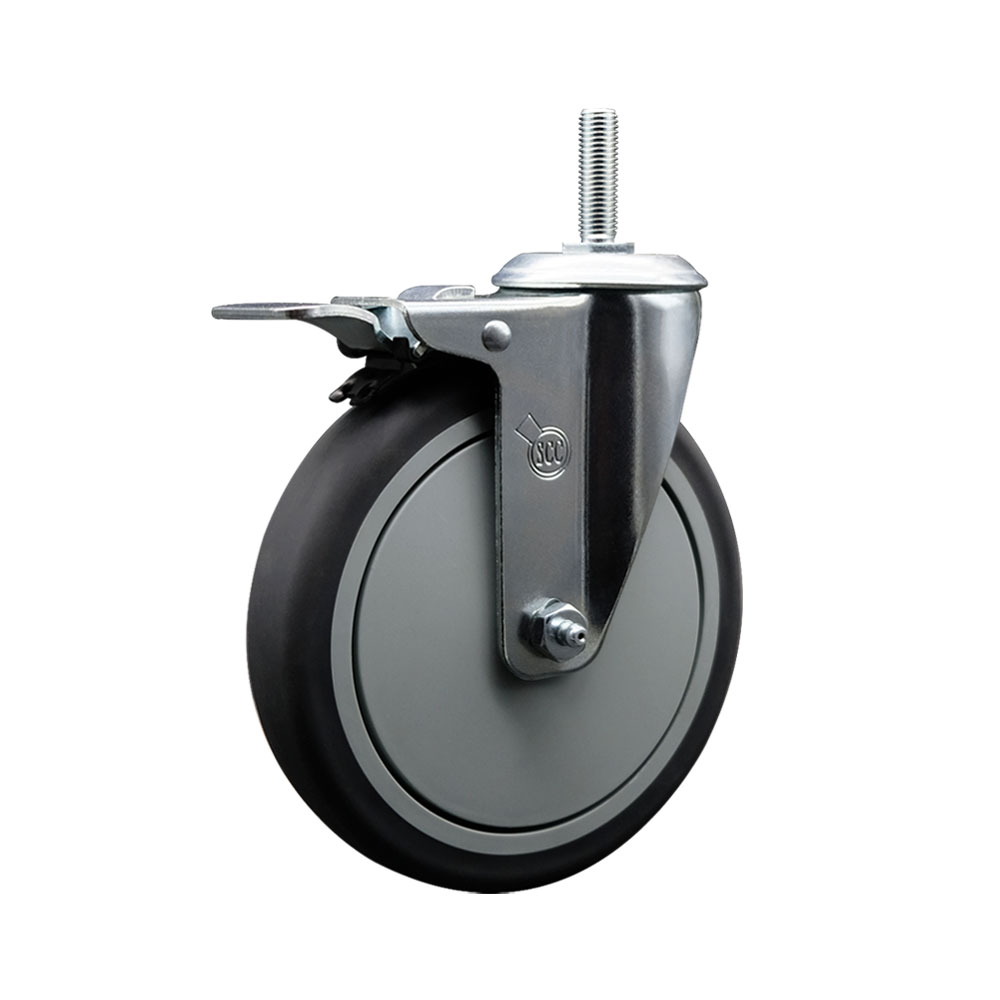 Thermoplastic Rubber Swivel Threaded Stem Caster - 6 x 1.25 in. Gray Wheel & 0.75 in. Stem & Total Locking Brake - 300 lbs Capacity per Caster