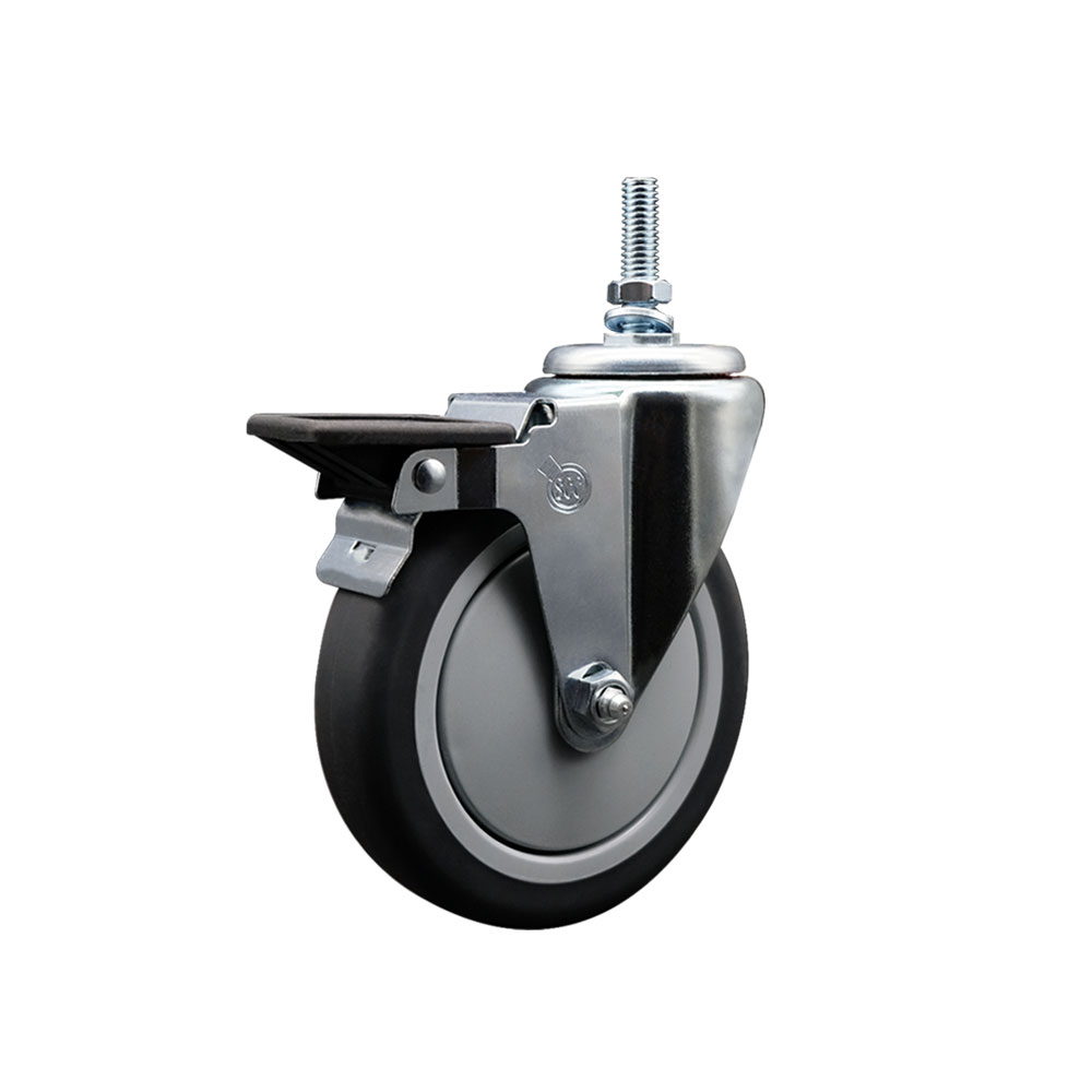 Thermoplastic Rubber Swivel Threaded Stem Caster - 5 x 1.25 in. Gray Wheel & 12 mm Stem & Posi Locking Brake - 300 lbs Capacity per Caster