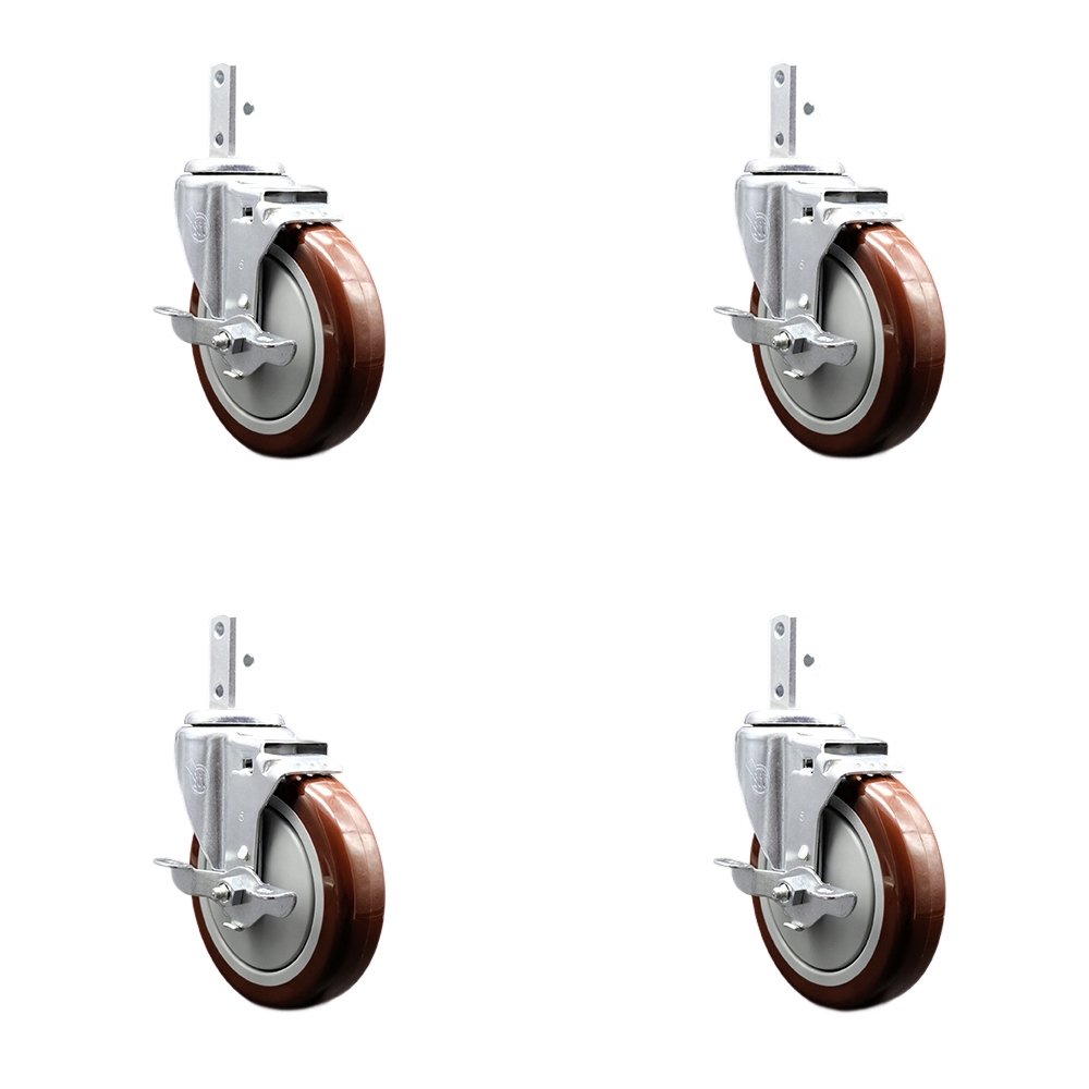 190PUBPRC4P Assure Swivel Caster Set - Compatible with Sheet Pan Racks - Maroon Polyurethane Wheel - 2 Swivel Casters & 2 Swivel Casters with Brakes