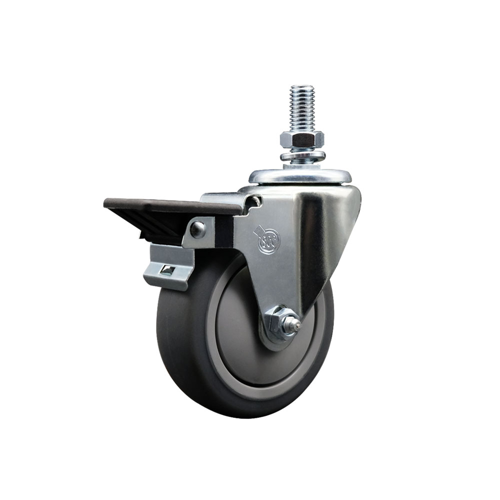 Thermoplastic Rubber Swivel Threaded Stem Caster - 4 x 1.25 in. Gray Wheel & 0.5 in. Stem & Posi Locking Brake - 250 lbs Capacity per Caster