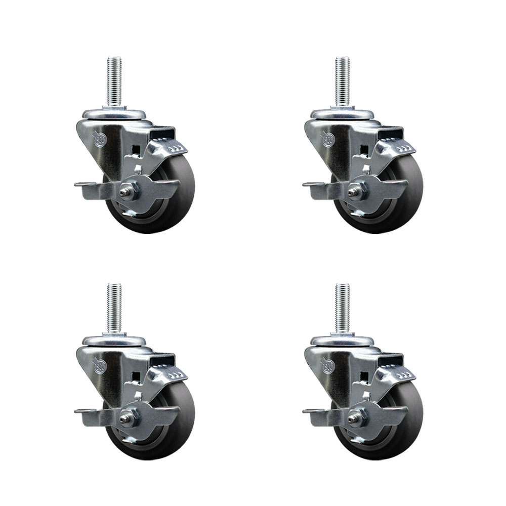 Thermoplastic Rubber Swivel Threaded Stem Caster with 3 x 1.25 in. Gray Wheels & 0.75 in. Stems - 840 lbs Total Capacity - Set of 4