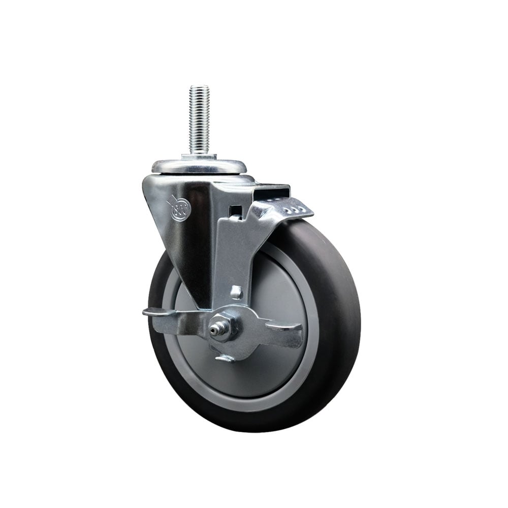 Thermoplastic Rubber Swivel Threaded Stem Caster - 5 x 1.25 in. Gray Wheel & 0.75 in. Stem & Top Locking Brake - 300 lbs Capacity per Caster
