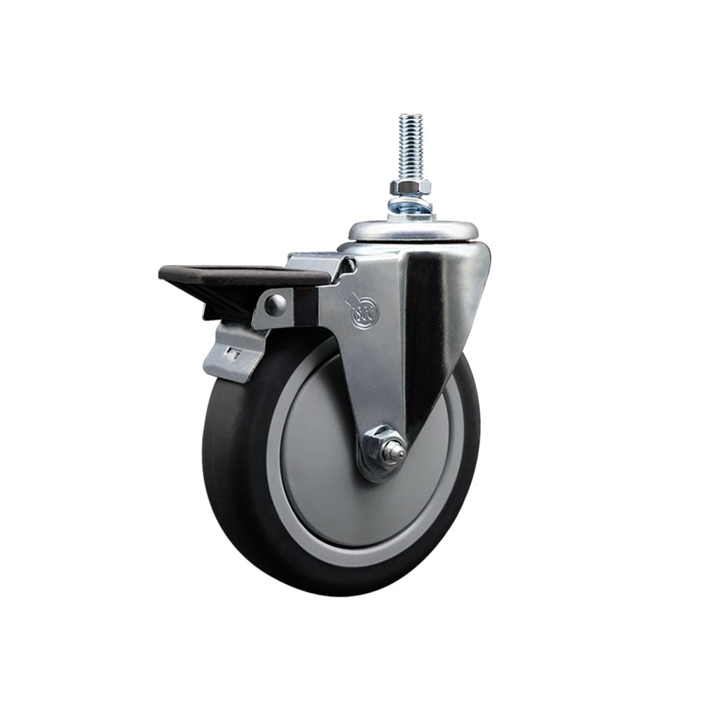 Thermoplastic Rubber Swivel Threaded Stem Caster - 5 x 1.25 in. Gray Wheel & 0.37 in. Stem & Posi Locking Brake - 300 lbs Capacity per Caster