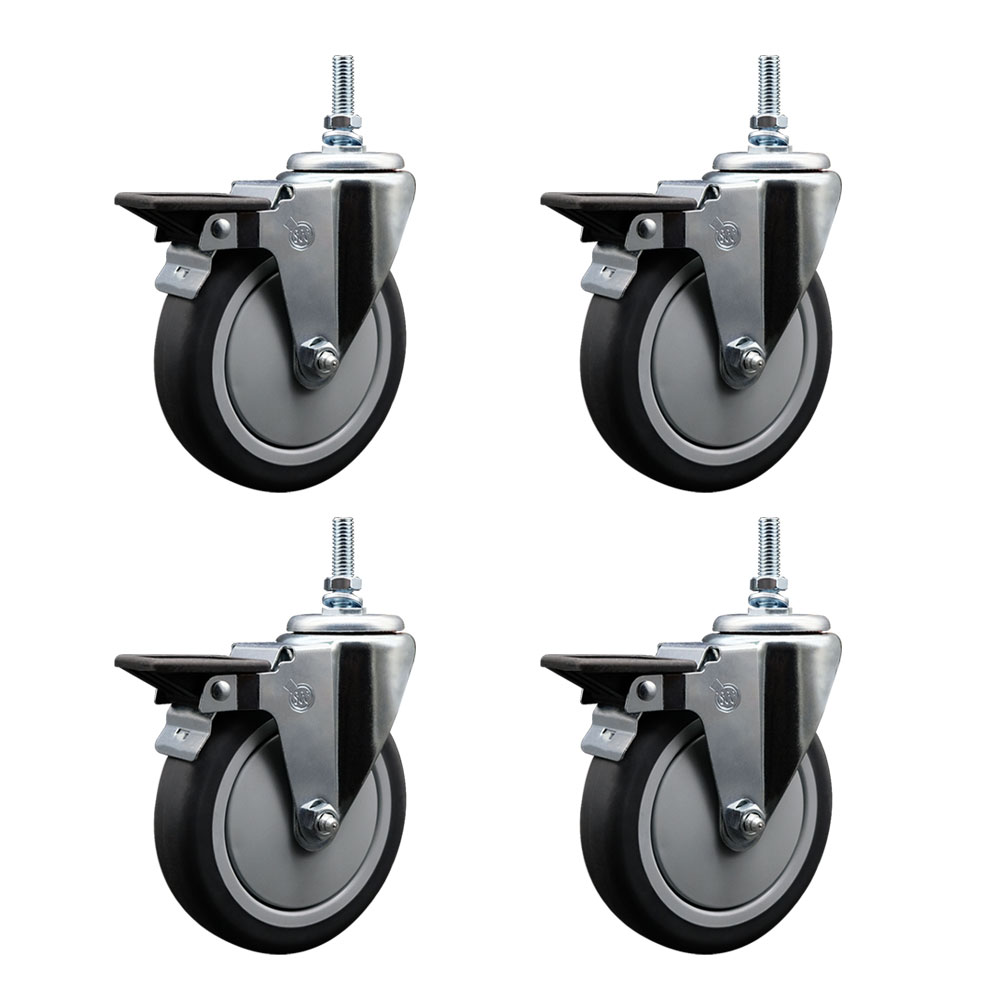 Thermoplastic Rubber Swivel Threaded Stem Caster with 5 x 1.25 in. Gray Wheels & 0.37 in. Stems - 1200 lbs Total Capacity - Set of 4