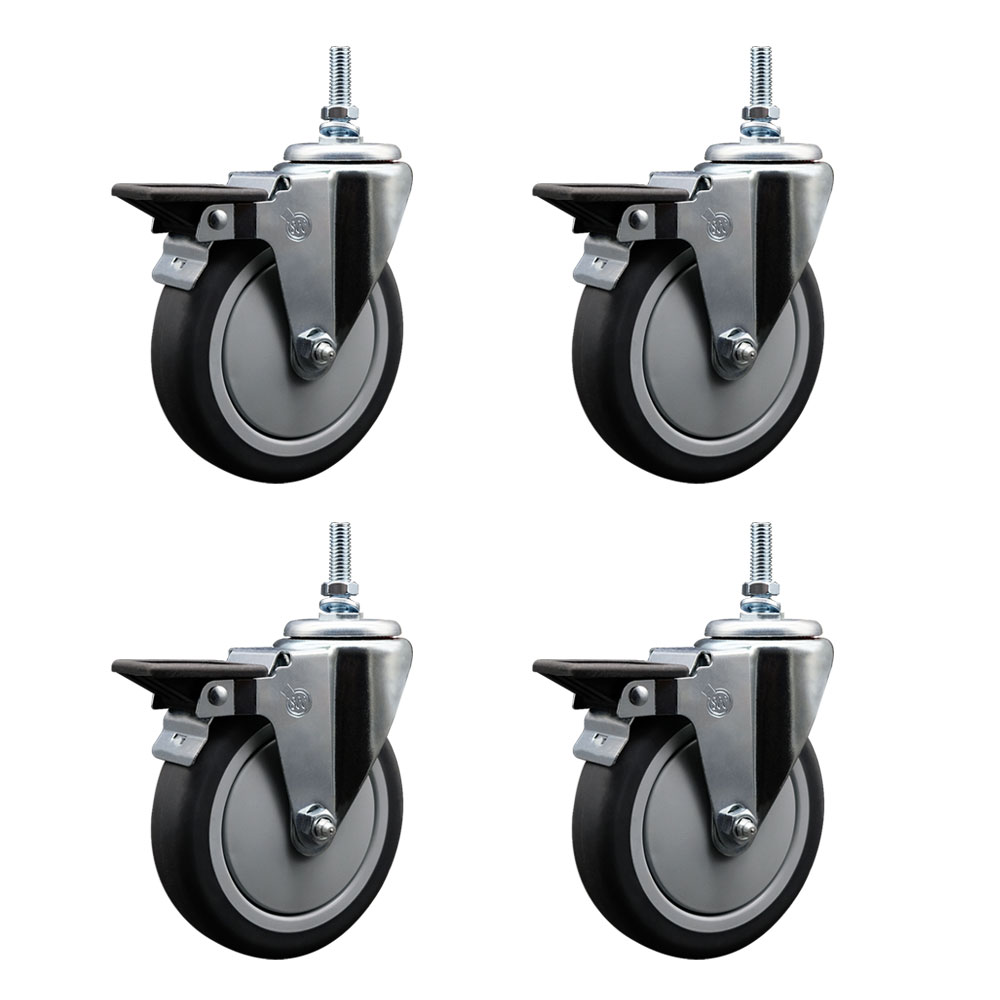 Thermoplastic Rubber Swivel Threaded Stem Caster with 6 x 1.25 in. Gray Wheels & 0.37 in. Stems - 1200 lbs Total Capacity - Set of 4
