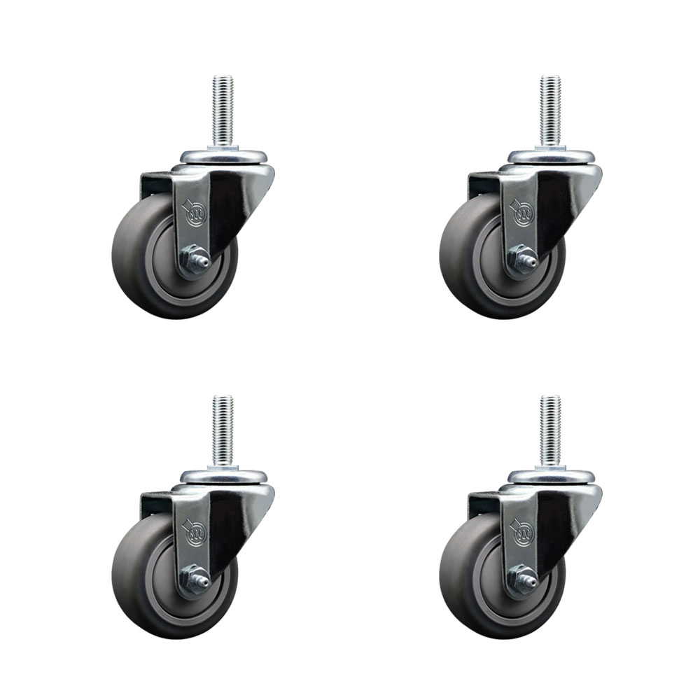 Thermoplastic Rubber Swivel Threaded Stem Caster with 3 x 1.25 in. Gray Wheels & 0.62 in. Stems - 840 lbs Total Capacity - Set of 4