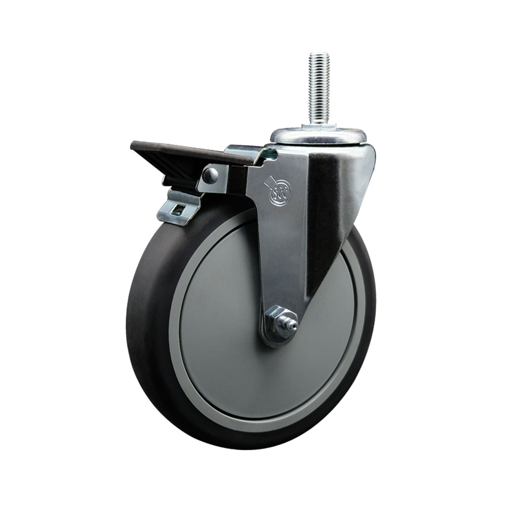 Thermoplastic Rubber Swivel Threaded Stem Caster - 6 x 1.25 in. Gray Wheel & 0.62 in. Stem & Posi Locking Brake - 300 lbs Capacity per Caster