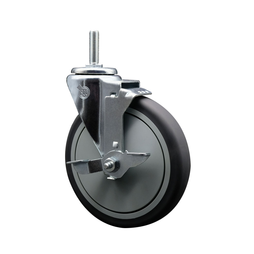 Thermoplastic Rubber Swivel Threaded Stem Caster - 6 x 1.25 in. Gray Wheel & 0.62 in. Stem & Top Locking Brake - 300 lbs Capacity per Caster