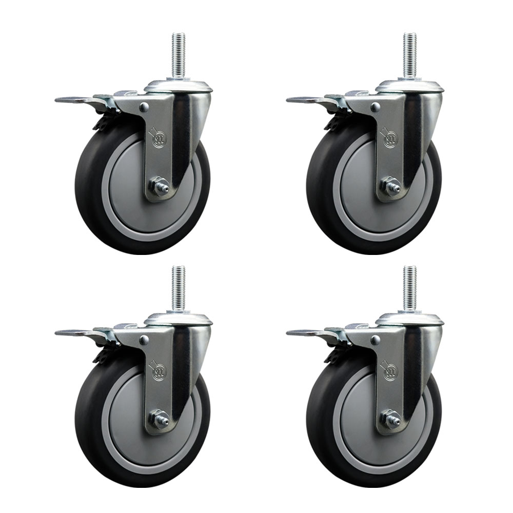 Thermoplastic Rubber Swivel Threaded Stem Caster with 5 x 1.25 in. Gray Wheels & 0.62 in. Stems - 1200 lbs Total Capacity - Set of 4