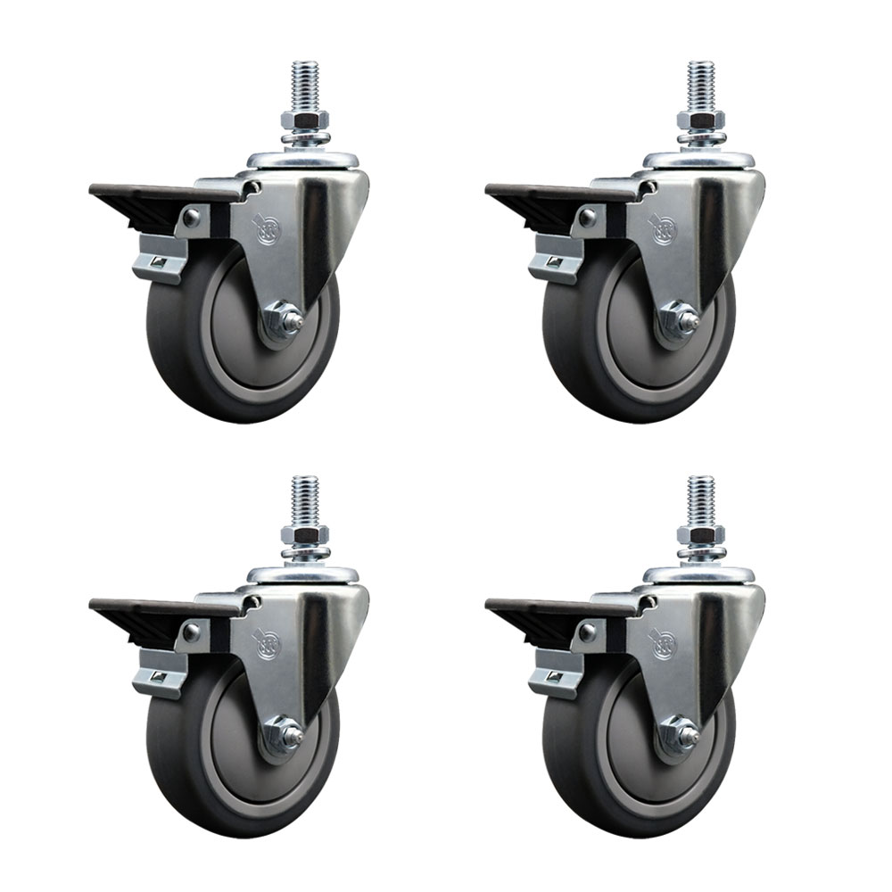 Thermoplastic Rubber Swivel Threaded Stem Caster with 4 x 1.25 in. Gray Wheels & 10 mm Stems - 1000 lbs Total Capacity - Set of 4
