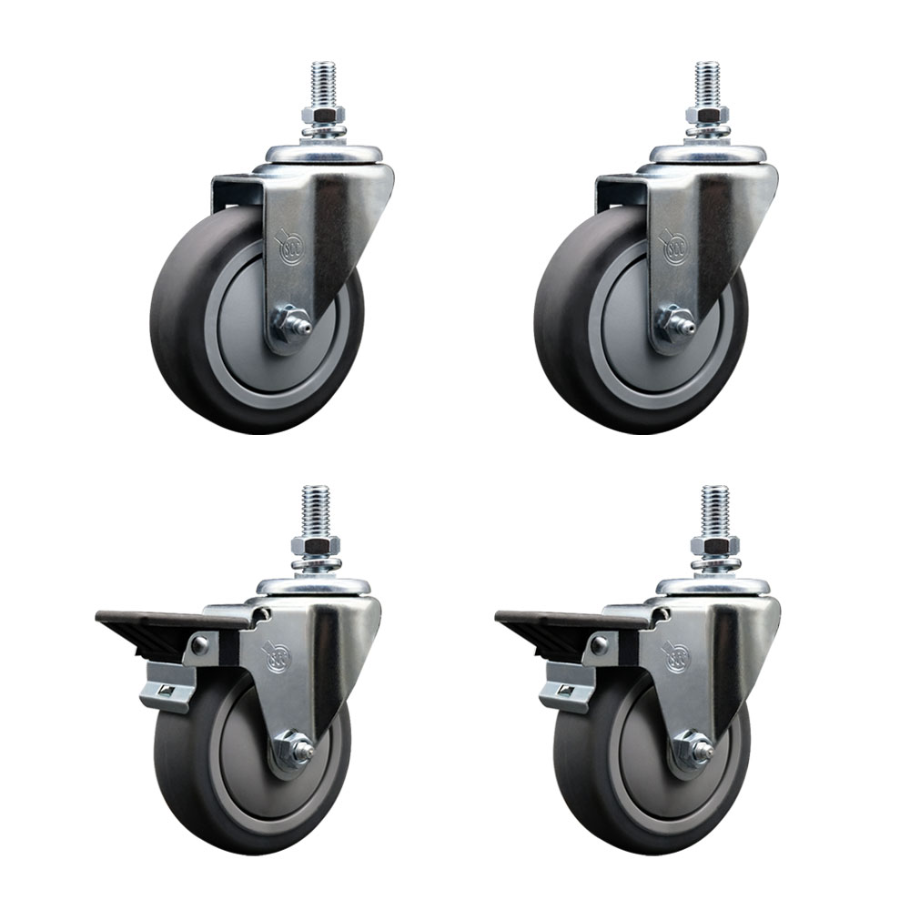Thermoplastic Rubber Swivel Threaded Stem Caster - 4 x 1.25 in. Gray Wheels & 10 mm Stems - 1000 lbs Total Capacity - Set of 4