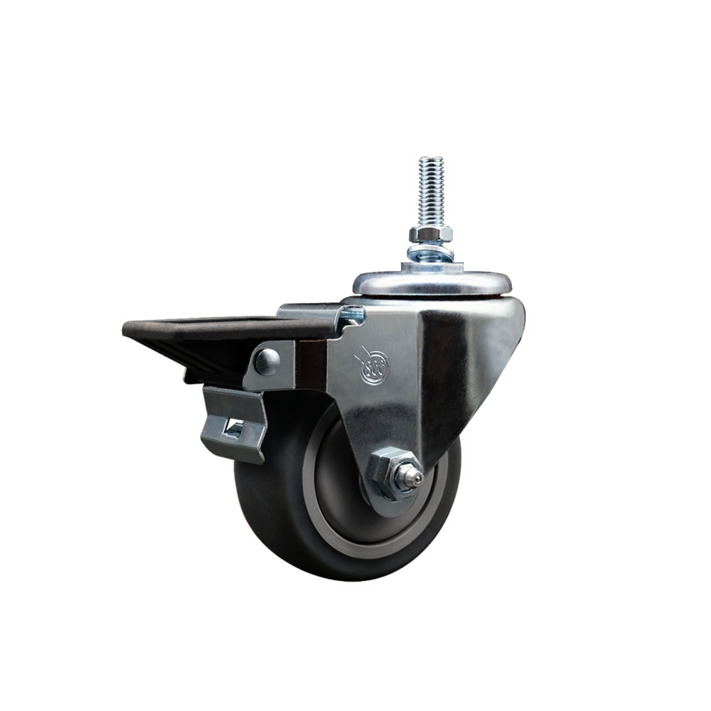 Thermoplastic Rubber Swivel Threaded Stem Caster - 3 x 1.25 in. Gray Wheel & 12 mm Stem & Posi Locking Brake - 210 lbs Capacity per Caster