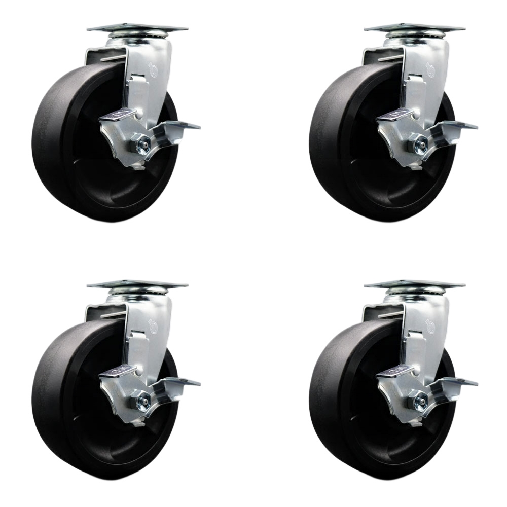 Tool Box Caster Wheel Set - 6 in. Flat Free, Easy Rolling Glass Filled Nylon Wheels - Industrial Grade - 4 Swivel Casters with Top Lock Brakes
