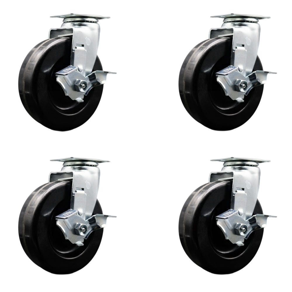 Tool Box Caster Wheel Set - 6 in. Flat Free, Zero Maintenance Phenolic Wheels - Industrial Grade - 4 Swivel Casters with Top Lock Brakes